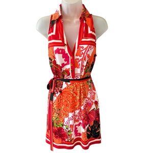 Cache Sleeveless Mini Dress Button Front Tie Waist Bold Scarf Baroque Print M 🌿